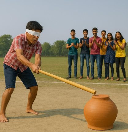 Blindfolded player playing Tekeli Bhonga