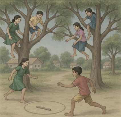 Children playing Lathi Chor near a tree